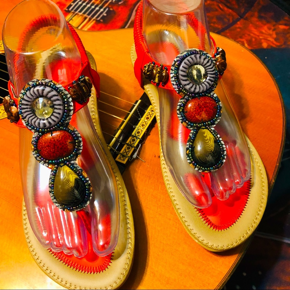 🩴Colorful Red AztecBeads Thong Cushioned Sandals!